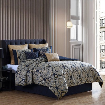 Barret Navy and Gold Damask King Comforter Set