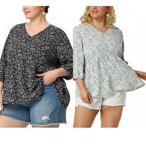 Women's Plus Size 2 Pieces V Neck Babydoll 3/4 Sleeve Pleat Floral Flowy Blouses - Agnes Orinda - 1 of 4
