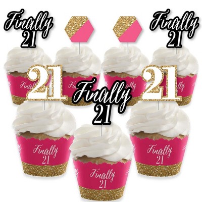 Big Dot of Happiness Finally 21 Girl - Cupcake Decoration - 21st Birthday Party Cupcake Wrappers and Treat Picks Kit - Set of 24