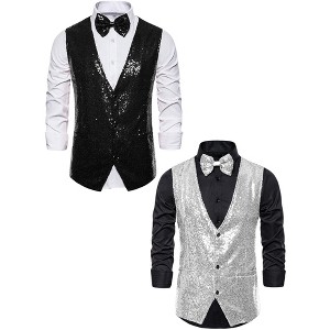 Lars Amadeus Men's Glitter Sequin Sleeveless Suit Vest Set with Bow Tie 2 Packs - 1 of 4