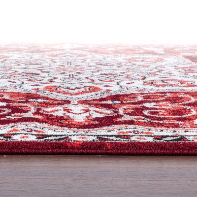 Red and Ivory Traditional Medallion Stain-Resistant Runner Rug
