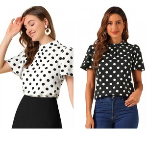 INSPIRE CHIC Women's Polka Dots Stand Collar Pleat Keyhole Back Short Flare Sleeve Tops 2 Packs - 1 of 4