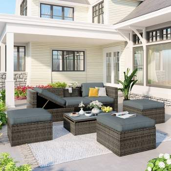 5pc Outdoor Wicker Conversations Set with Adjustable Sofa, Ottomans & Accent Table - Gray - GODEER