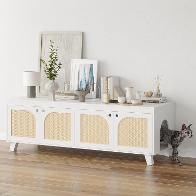 Lirago Double Hidden Cat Litter Box Enclosure Furniture Cabinet with Rattan Doors Two Entries for Two Cats Large Space Odor Control Modern Style