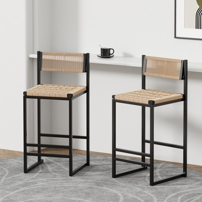 Set of 2 Creamy White Paper Rope Woven Bar Stools,Hand Weave Counter Stool with footrest for Kitchen Island, Dining Room