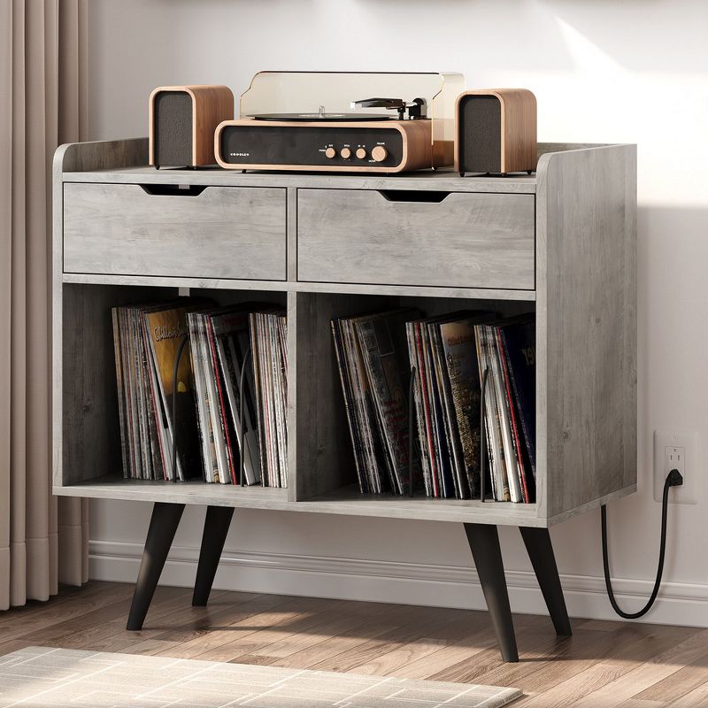 Trinity Record Player Table Stand with Storage Drawers, Vinyl Record Table Cabinet with Power Outlet, Bookshelf for Living Room, Bedroom, Office, Gray, 2 of 9