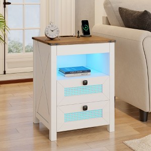 Vlsrka White Farmhouse Nightstand with Concealed Storage, USB & Type-C Ports, LED Motion Sensor Light for Rustic Interiors - 1 of 4