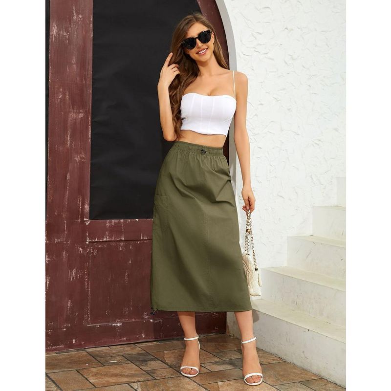 Women Y2k Cargo Long Skirt Drawstring Waist Casual Back Ruched Vintage Slit Skirts with Pockets, 5 of 8