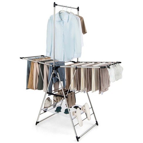 Costway 2 Layer Aluminum Foldable Drying Rack w Hanging Bar 2 Height adjustable Wings