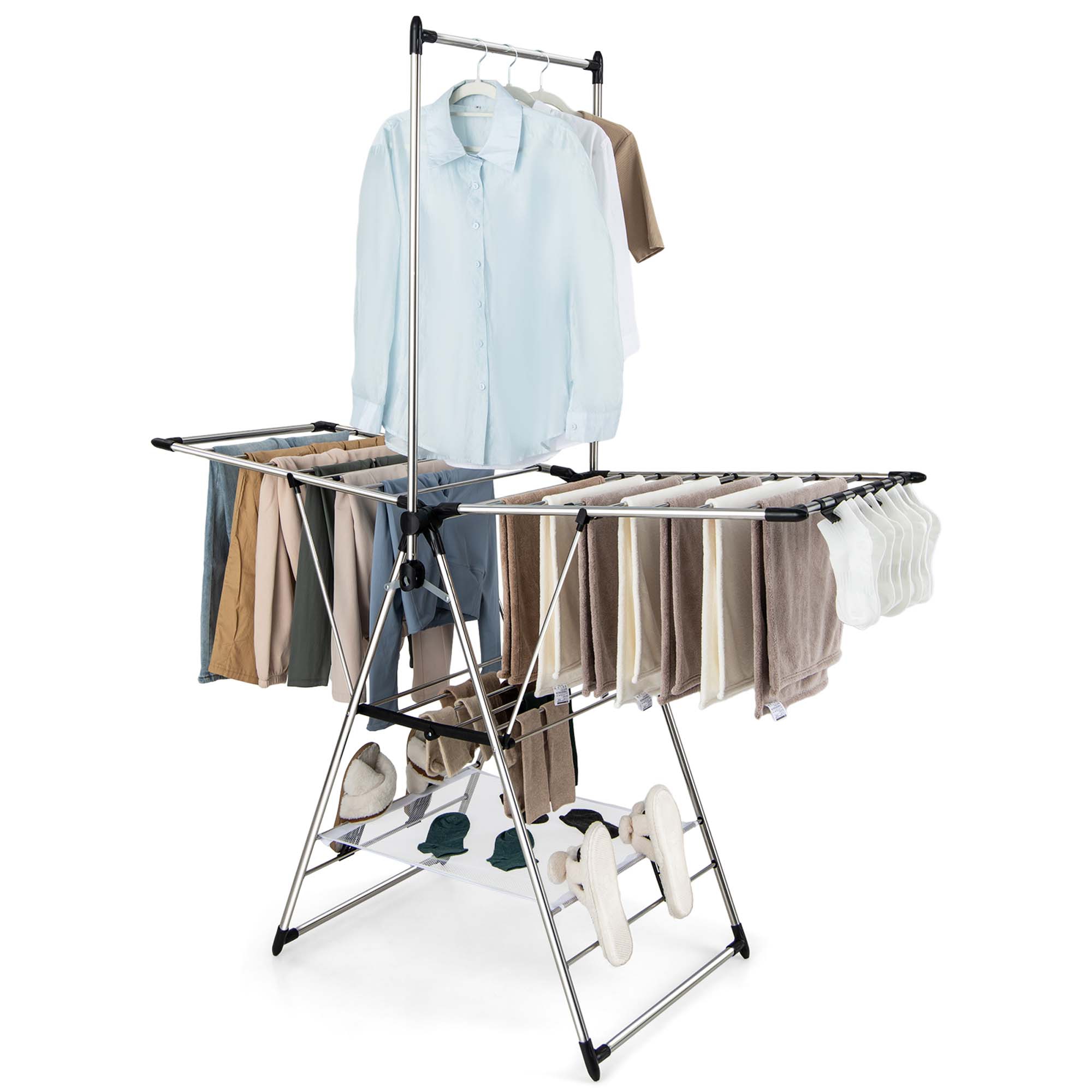 Costway 2-Layer Stainless Steel Foldable Drying Rack w/ Hanging Bar & 2 Height-adjustable Wings