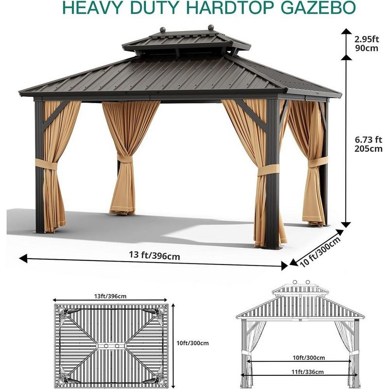 10X13 FT Outdoor Galvanised Steel Hardtop Gazebo Double Roof With Netting & Curtains Weather Resistant, 2 of 8