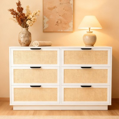 Rattan 6 Drawer Dresser, 47in Wide White 6 Chest of Drawers with Metal Handles and Wooden Sturdy Base for Bedroom Living Room Nursery Closet