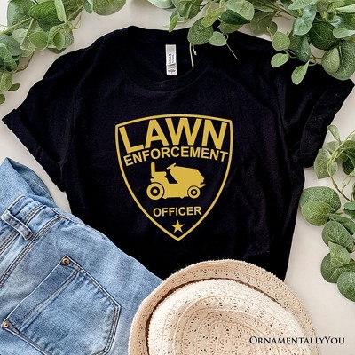 Lawn Enforcement Officer T-Shirt, Funny Badge Style Navy and Black Tee for Lawn Mower Gardener Dad| OrnamentallyYou