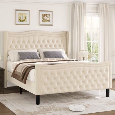 NicBex Full/King Upholstered Bed Frame with Velvet Tufted Headboard and Footboard,Wingback Headboard with Double Nail Design,Under Bed Storage