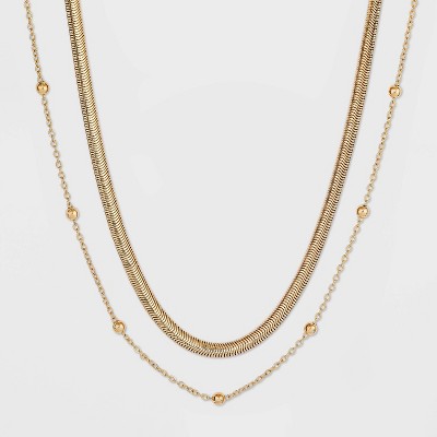 Herringbone and Ball Chain Necklace 2pc - A New Day™ Metallic Gold: Steel Lobster Clasp, 16" Length
