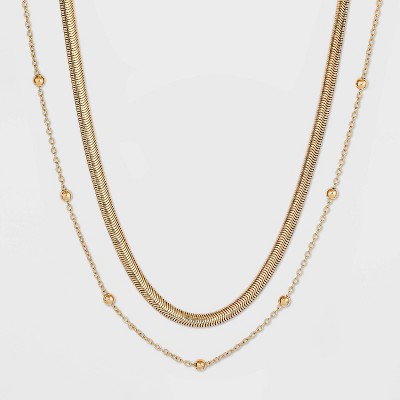 Herringbone and Ball Chain Necklace 2pc - A New Day&#8482; Metallic Gold