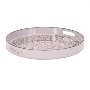 HomeRoots 14" Cream And Gray Geometric Pad Print Round Serving Tray With Handles - 1 of 4