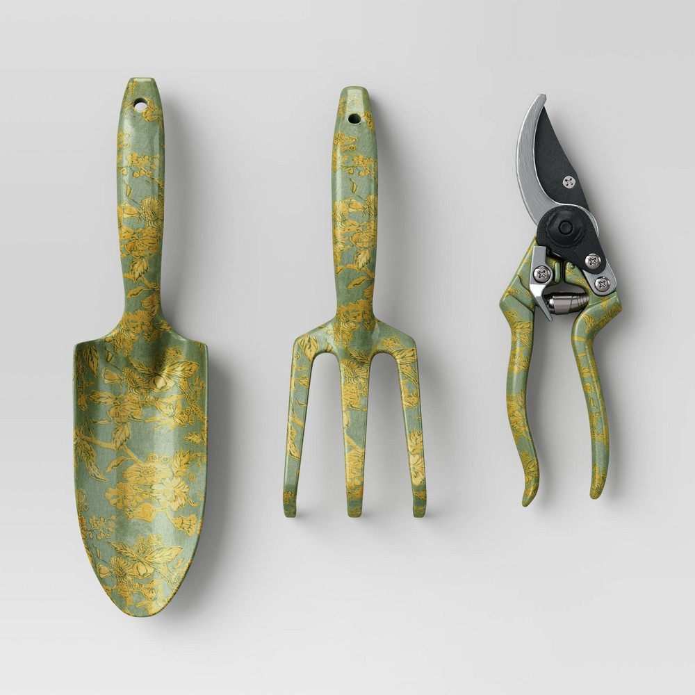 3pc Aluminum Pruner, Cultivator, and Trowel Gardening Set Green Floral - Smith & Hawken™