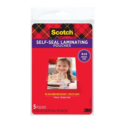 5Ct Scotch Self Seal 4X6 Photo Sz: Laminating Film Pouches, 6.3" x 4.3", Laminating Supplies, 5 Pack