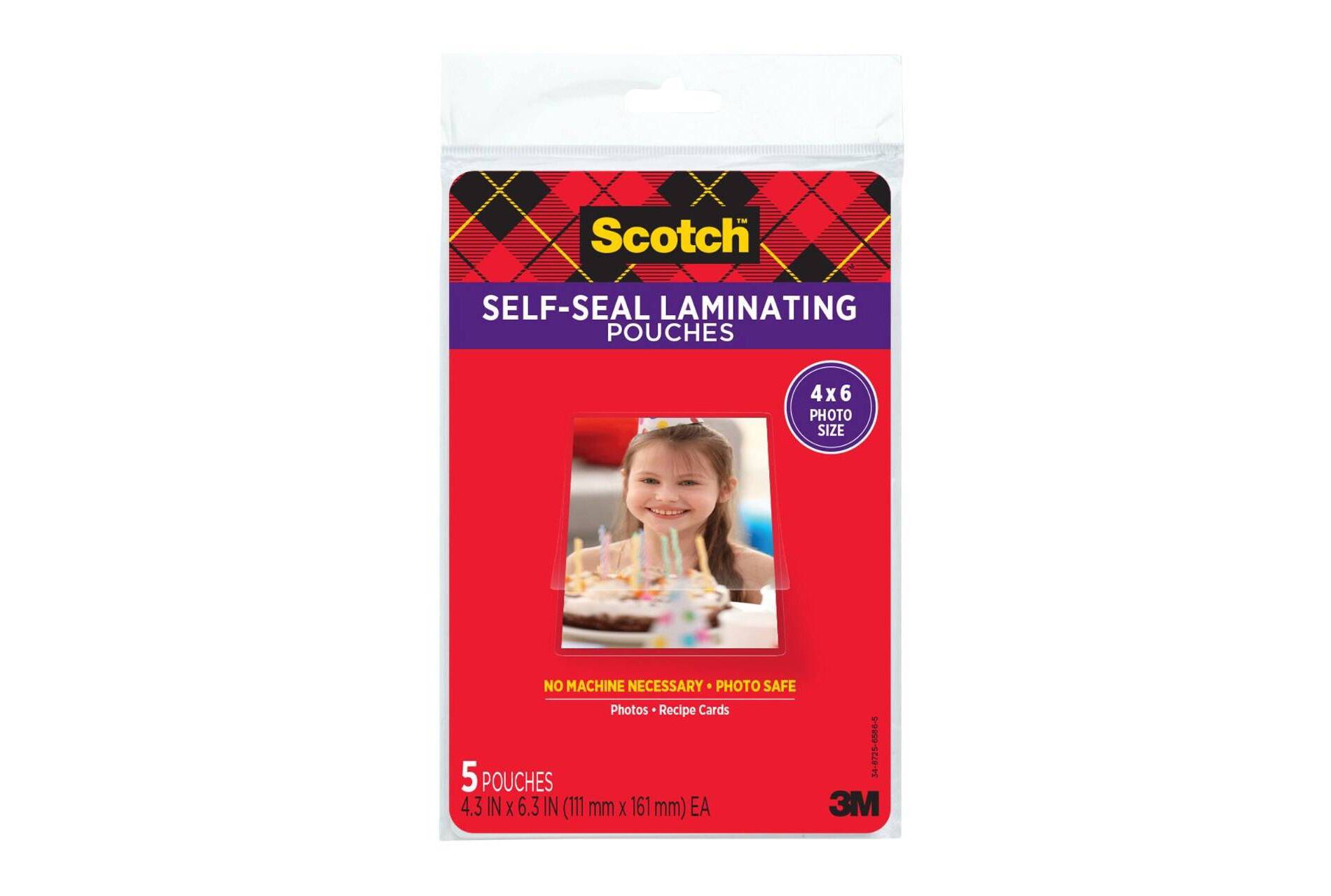 5Ct Scotch Self Seal 4X6 Photo Sz: Laminating Film Pouches, 6.3" x 4.3", Laminating Supplies, 5 Pack