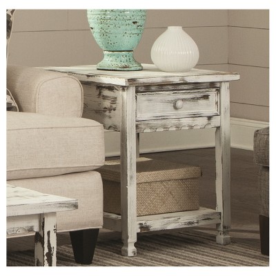 Rustic White Wood and Metal End Table with Storage
