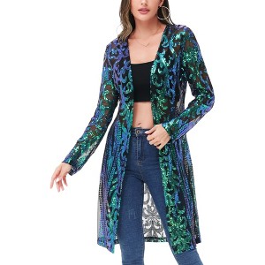 Anna-Kaci Women's Long Sequin Cardigan Open Front Sheer Duster Jacket - 1 of 4