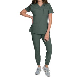 Medgear Fleur Women's Stretch Scrub Set with Zip Chest Pocket Top and Knit Rib Cuffs Jogger Pants, More Colors - 1 of 4