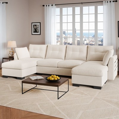 XIZZI 4-Piece Chenille Sofa Set with Large Chaise & Ottoman - Modern Sectional Sofa in White/Beige/Gray/Black, with Round/Square/Sloped Armrest
