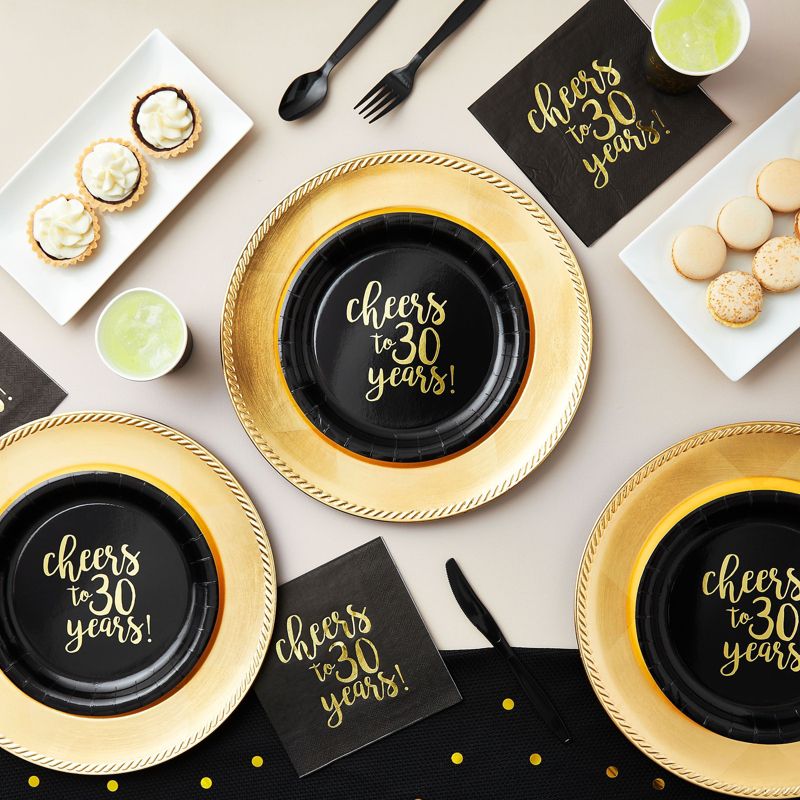 Blue Panda 144-Piece Cheers to 30 Years Plates, Napkins, Cutlery, Cups for Black and Gold 30th Birthday Party Supplies, Anniversary, Serves 24, 2 of 10
