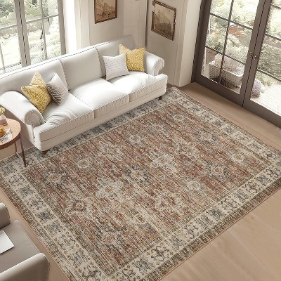 Washable Soft Vintage Area Rug – Large Boho Farmhouse Design, Low-Pile, Non-Slip, Perfect for Dining Room & Home Décor