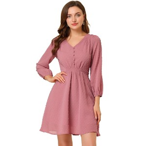 Allegra K Women's Swiss Dots Elastic Waist 3/4 Sleeve A-line Solid Flowy Chiffon Dress - 1 of 4
