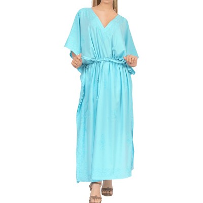 LA LEELA Women's House Daily Routine Evening Wear Vacation Holiday Casual Dailywear Loungewear Caftan Maxi Mumu Slit Dresses 2X-3X Blue, Solid