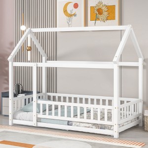 Whisen Twin Size Floor Wooden Bed with House-shaped Roof Frame and Fence Guardrails - 1 of 4