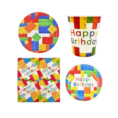 4-Product*12PACK Building Block Paper Tableware Set for Kids' Birthday Parties Includes Plates Paper Cupsand Napkins for Magical Celebrations