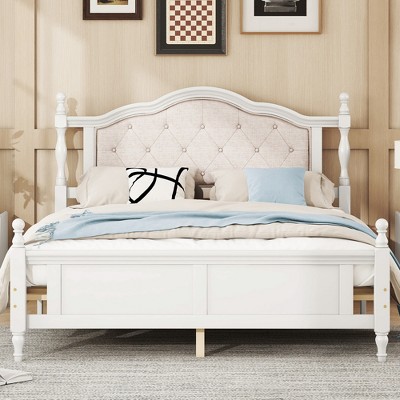 Queen Size Platform Bed Frame with Upholstered Headboard, Panel Footboard, Bed Rail Support Feet and Central Platform Support Feet, White/Cherry-Moder