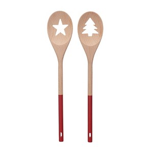 Storied Home Acacia Wood Spoon with Tree and Star Cut-Out, Natural and Red, Set of 2 - 1 of 2