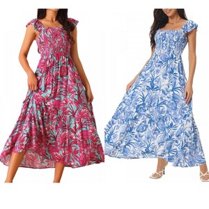 INSPIRE CHIC Women's Summer Boho Smocked Square Neck Cap Sleeve Ruffle Floral Flowy Tiered Maxi Sundress 2 Packs - 1 of 4