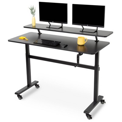 Tranzendesk Standing Desk with Attachable Shelf, Front Handle, and Wheels – 55” Sit to Stand Workstation – Black – Stand Steady