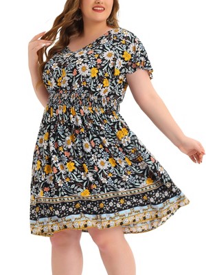 Agnes Orinda Women's Plus Size V Neck Short Sleeve Midi Boho Floral Smock Waist Outfits A Line Dresses