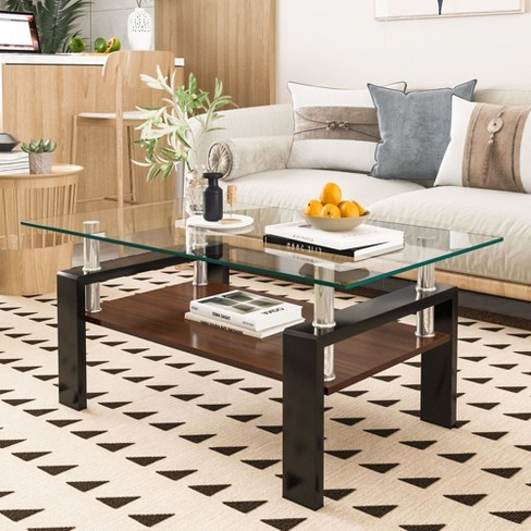 NicBex Rectangle Tempered Glass Coffee Table with Storage Layer Modern End Table Center Table for Living Room Brown