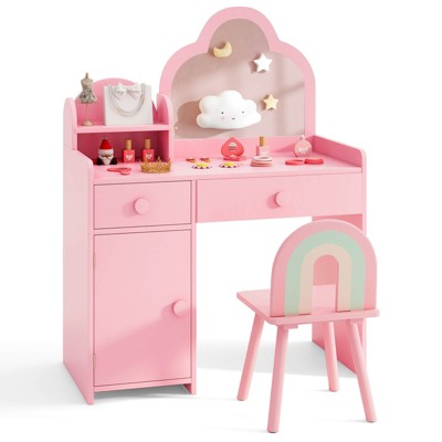 Safstar Kids Vanity Table and Chair Set w/Cloud-shaped Mirror Open Shelf Storage Drawers