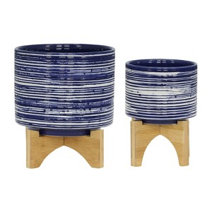 Sagebrook Home 2pc Ceramic Indoor Outdoor Planter Pots with Stands Blue: Hand-Painted, Rust-Resistant, No Drainage Hole - 1 of 4