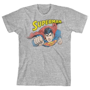 Superman Superhero in Flight Vintage Art Boy's Athletic Heather T-shirt - 1 of 1