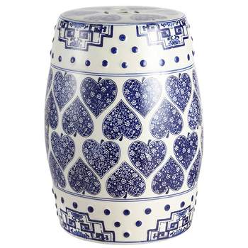 JONATHAN Y Happy Hearts 17.8" Chinoiserie Ceramic Drum Garden Stool, Blue/White