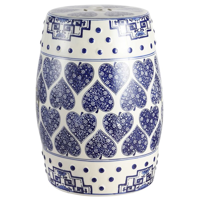 JONATHAN Y Happy Hearts 17.8" Chinoiserie Ceramic Drum Garden Stool, Blue/White, 1 of 7