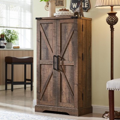 SinCiDo Farmhouse Kitchen Pantry with Barn Doors and Adjustable Shelves, 47″ Storage Cabinet, Rustic Wood Cupboard for Kitchen, Light Brown