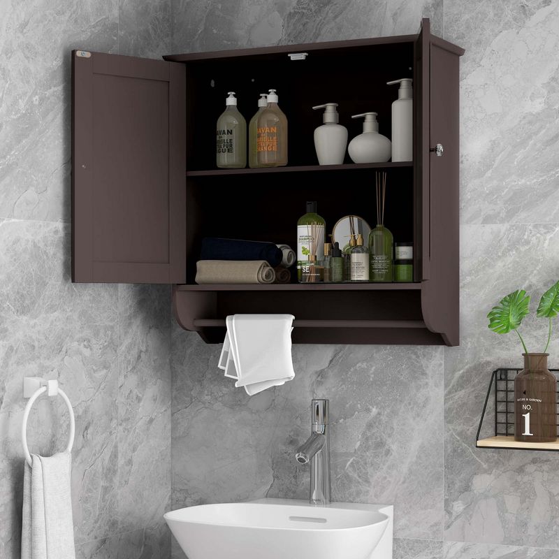 Costway Wall Mounted Bathroom Medicine Cabinet Storage Cupboard with Towel Bar Brown/Grey, 2 of 11