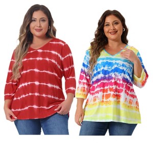 Women's Plus Size 2 Pieces Tie Dye Side Slit 3/4 Sleeve V Neck Casual Stripe Blouse - Agnes Orinda - 1 of 4