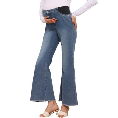 INSPIRE CHIC Women's Maternity Denim Bootcut Flared Jeans Stretchy Mid Rise Elastic Bell Frayed Hem Pregnancy Pants Jeggings