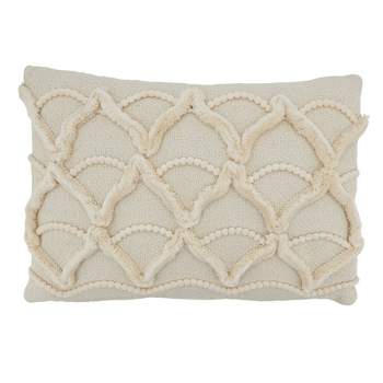 Saro Lifestyle Fringe Lace and Pom Pom Applique Pillow - Down Filled, 12"x18" Oblong, Ivory